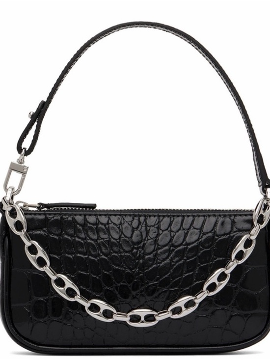 BY FAR Handbags - BY FAR Black Croc-Embossed Mini Rachel Shoulder Bag with Silver Chain